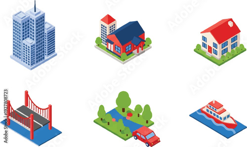 Isometric city buildings and transportation vector illustration