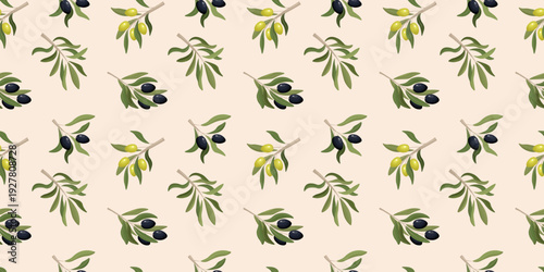 Seamless Olive Branch Pattern with Green and Black Olives