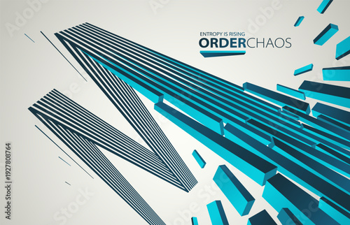 Debris particles exploding in chaos vector abstract background, entropy is rising to decay and disorder, elements flying in motion, 3D wallpaper.