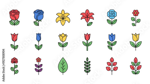 Colorful Array of Artistic Flower Icons Showcasing Various Types and Designs