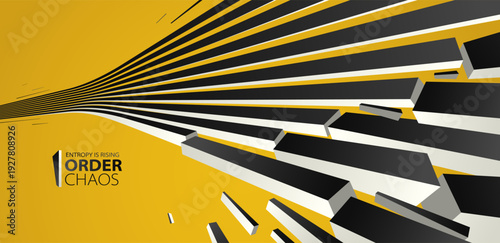 Entropy concept vector abstract background with debris flying in chaos, destruction theme wallpaper, exploded pieces disorder 3D design