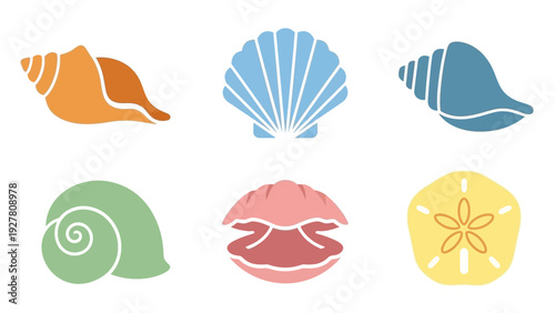Colorful Beach and Shell Icons Collection Illustrating Marine and Coastal Life