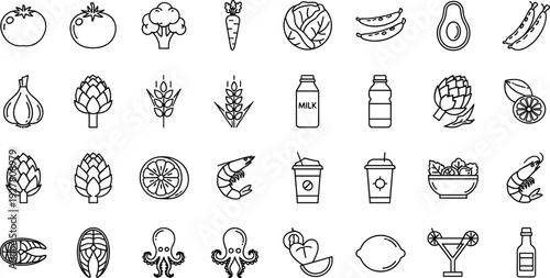 Food and Drink Line Icon Set with Fruits, Vegetables, Seafood, Dairy, Beverages, and Organic Ingredients Symbols for Menu and Nutrition Designs
