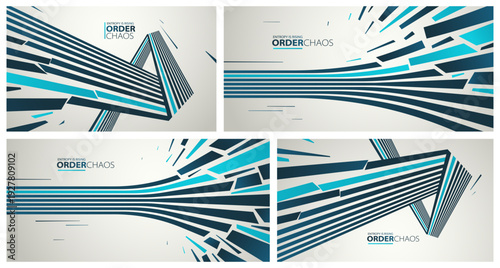 Entropy concept vector abstract background set with debris flying in chaos, destruction theme wallpaper, exploded pieces disorder 3D design