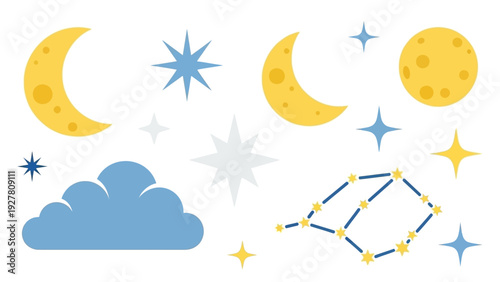 Colorful celestial and lunar symbols constellation stars clouds night sky illustration
