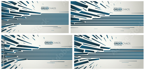 Entropy concept vector abstract background set with debris flying in chaos, destruction theme wallpaper, exploded pieces disorder 3D design
