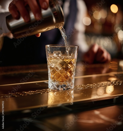 Wallpaper Mural Bartender pours whiskey or cocktail from shaker into glass with ice on bar counter, close up. Torontodigital.ca