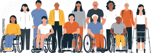 Inclusive community illustration featuring a diverse group of people with various ethnicities and physical abilities including wheelchair users.
