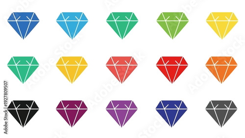 Colorful Gemstone Icon Set Featuring Various Brightly Colored Diamonds and Shapes