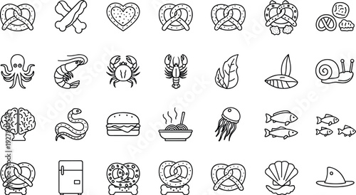 Food and Snack Doodle Icon Set Featuring Pretzels, Seafood, Fast Food, Marine Animals, Organic Elements, and Hand Drawn Illustration Symbols