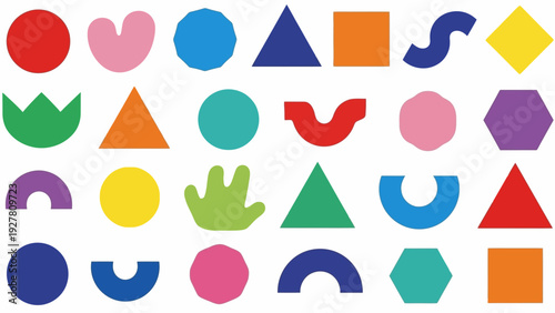 Colorful Geometric Shapes of Various Sizes and Colors Arranged Randomly for Artistic or