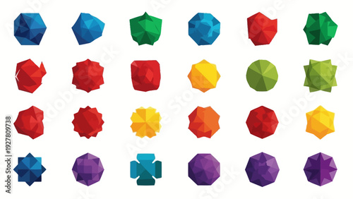 Colorful Geometric Polyhedra Shapes in Various Bright Colors and Styles Displayed in a Grid Pattern