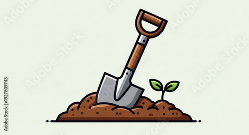 Shovel in soil with small green plant growing nearby gardening tool earthy background