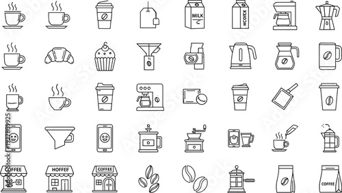Coffee and Cafe Line Icon Set with Espresso Machines, Cups, Beans, Brewing Tools, Takeaway Drinks, and Barista Equipment Symbols