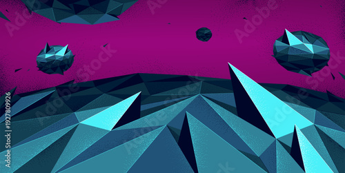 Low poly illustration of a planet terrain with satellites flying in space, vector wallpaper art of sci-fi astronomy, science fiction background.