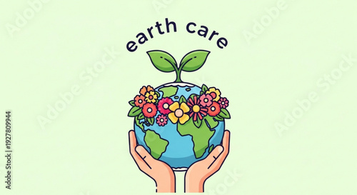 Earth care concept with hands holding globe surrounded by colorful flowers and green leaves on light green background
