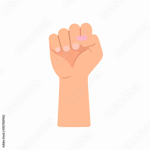 Centered cartoon illustration of a raised peach hand forming a fist with pink-painted nails, viewed straight on, conveying determination in a clean white graphic environment for social media use
