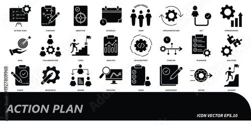 A collection of action plan icons set. Contains icons for groups.action plan. Vector illustrations of company icons.