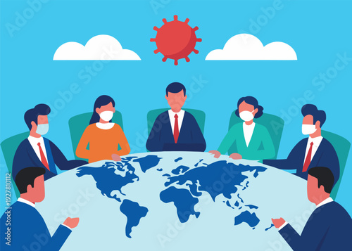 Global leaders and business executives wearing masks meet around a world map table under a virus symbol.