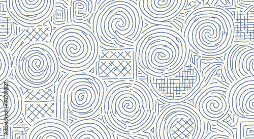 Seamless abstract pattern with blue hand drawn geometric shapes on a light background