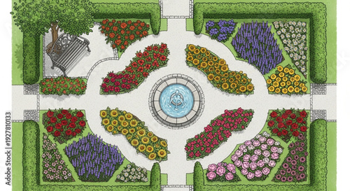 Vibrant garden design with colorful flowers and fountain aerial view of a beautiful outdoor space with lush greenery and blooming plants