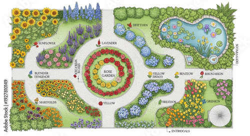Vibrant garden layout with colorful flowers plants and pond perfect for gardening and landscape design inspiration