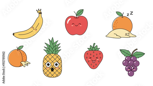 Cute and Playful Cartoon Fruits with Expressive Faces Sleeping and Smiling Set