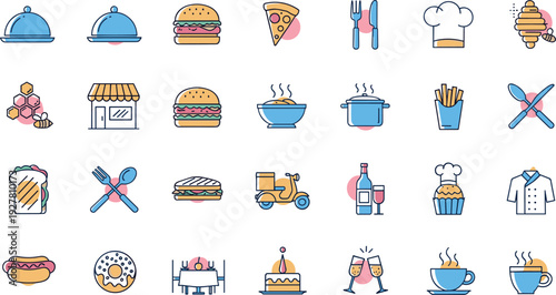 Colorful Food and Restaurant Icon Set Featuring Fast Food, Bakery, Drinks, Chef, Dining, and Meal Symbols for Menu, App, and Web Design