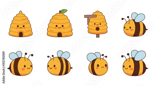 Cute Cartoon Bees and Honeycombs Illustrating Friendly Bees in Various Shapes