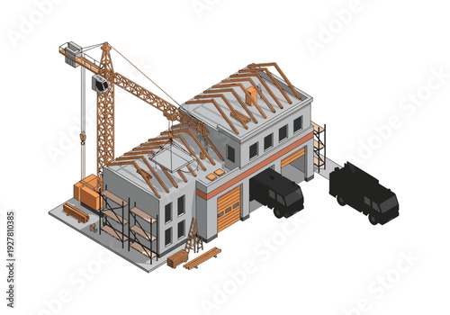 Isometric view of a construction site with a crane, building materials, and trucks parked outside a large garage