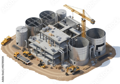 Industrial plant construction site with heavy machinery and modern structures