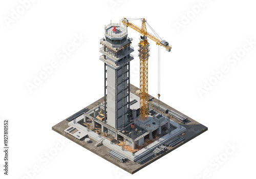 Construction of a modern skyscraper with a prominent tower crane, showcasing urban development and architectural progress on a white background