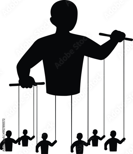 Surreal Flat Vector Silhouette of a Corporate Puppeteer Controlling Employee Puppets, Concept of Management Manipulation, Power Dynamics, and Authority in Business Strategy
