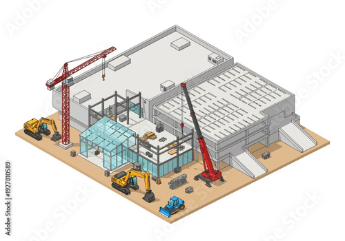 Industrial building construction project with cranes, excavators, and scaffolding in an isometric view