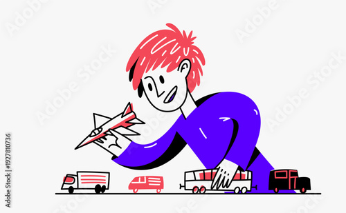 Little boy plays with toys vector illustration, stylish drawing of a child playing.