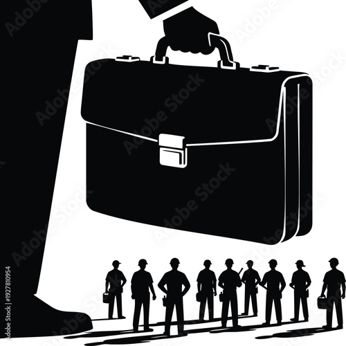 Surreal Flat Vector Silhouette of a Large Briefcase Over Workers, Concept of Corporate Pressure, Big Business Weight, and Workplace Responsibility Stress