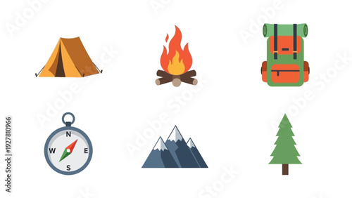 Essential camping gear and outdoor adventure icons for wilderness and trekking trips