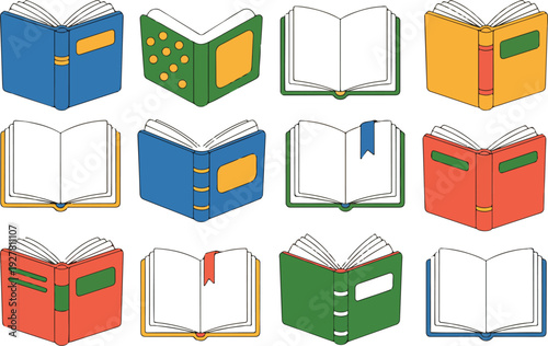 Set of 12 colorful book illustrations featuring open and closed books with bookmarks for education and storytelling design.