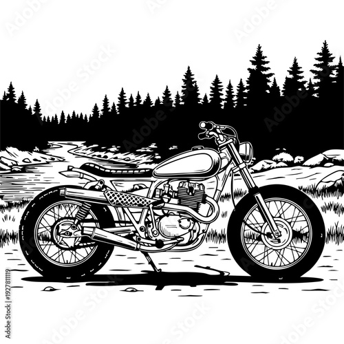 Black and white illustration of a motorcycle in a forest.
