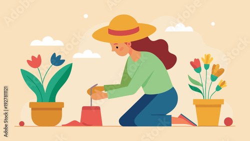 Woman planting flowers in garden, flat illustration of gardener with hat caring for plants in spring outdoor scene