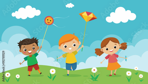 Happy children flying kite in park, flat illustration of smiling kids playing outdoor on sunny day with flowers and clouds