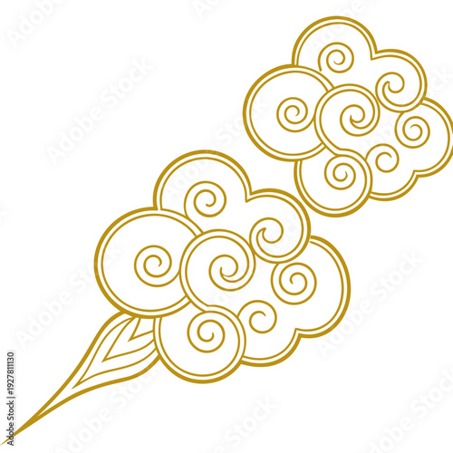 A stylized golden cloud motif with swirling spiral patterns. The design flows elegantly with a pointed taper, evoking movement and energy. It reflects traditional East Asian art.