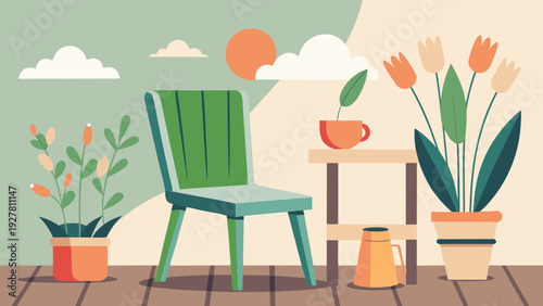 Cozy balcony with green chair and potted plants, flat illustration of home terrace with cup of coffee and flowers at sunset