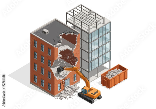 Demolition of old building by excavator, construction of new building, and debris removal with dumpster