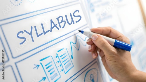 A hand writes the word syllabus on a whiteboard with sketched elements ideal for educational resources on transparent background high quality professional