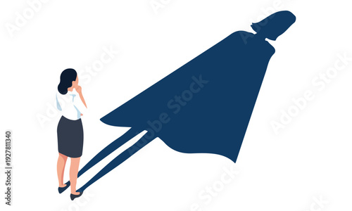 Businesswoman with superhero shadow representing ambition and potential