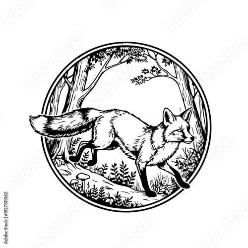 Black and white illustration of a fox in a forest scene within a circular frame.