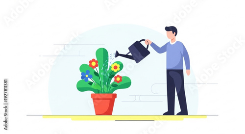 Man watering a potted cactus with colorful flowers illustration of gardening and plant care