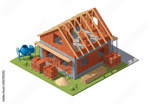 Construction of a brick house with building materials and equipment, isometric view of a residential building under construction
