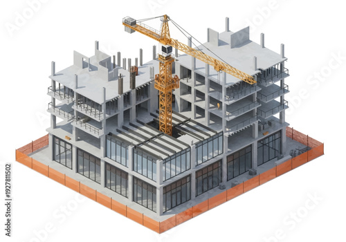 Construction of a modern concrete building with a crane on an isometric grid